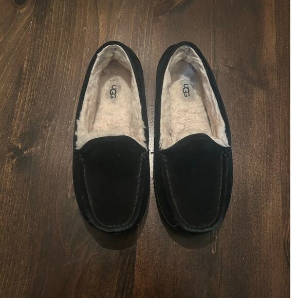 UGG Mens Ascot Black Suede Leather Sheepskin Lined Slip On Loafer‎ Slippers Sz 6 - Picture 2 of 10